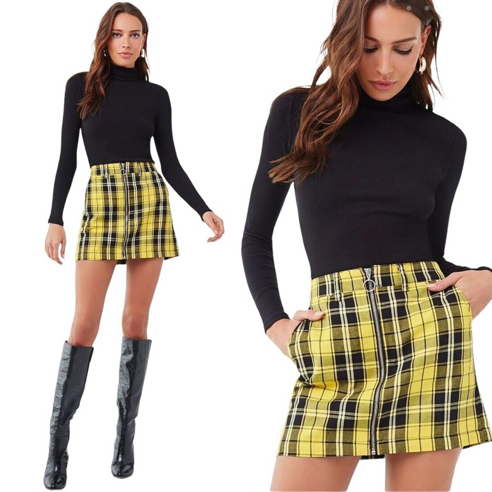Forever 21 plaid mini skirt yellow black white zipper academia SZ L large